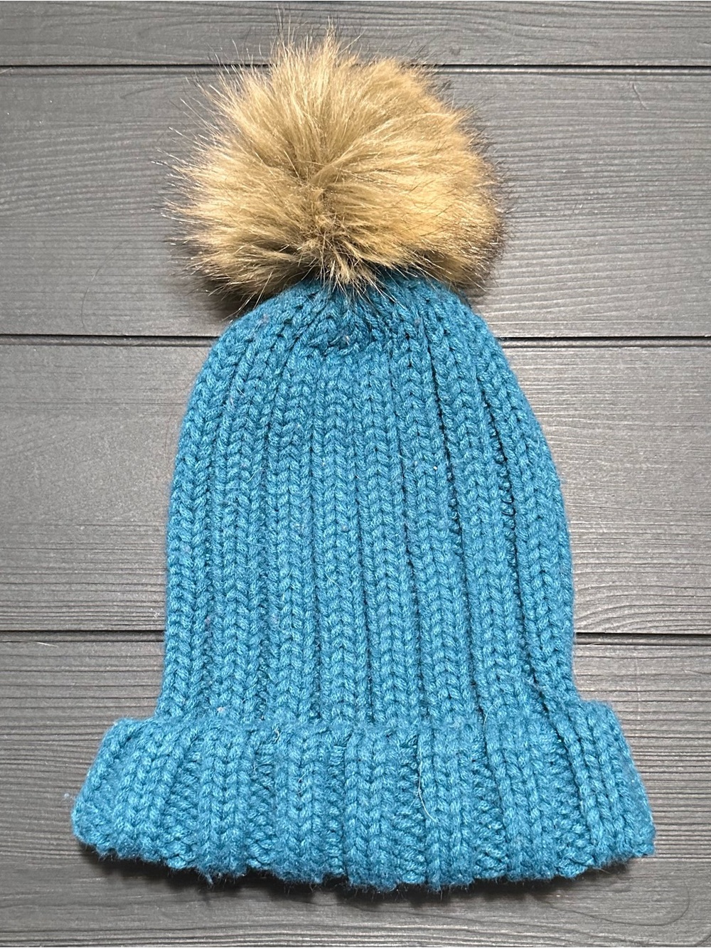 Blue Knit Pom Beanie with Faux Fur Pom